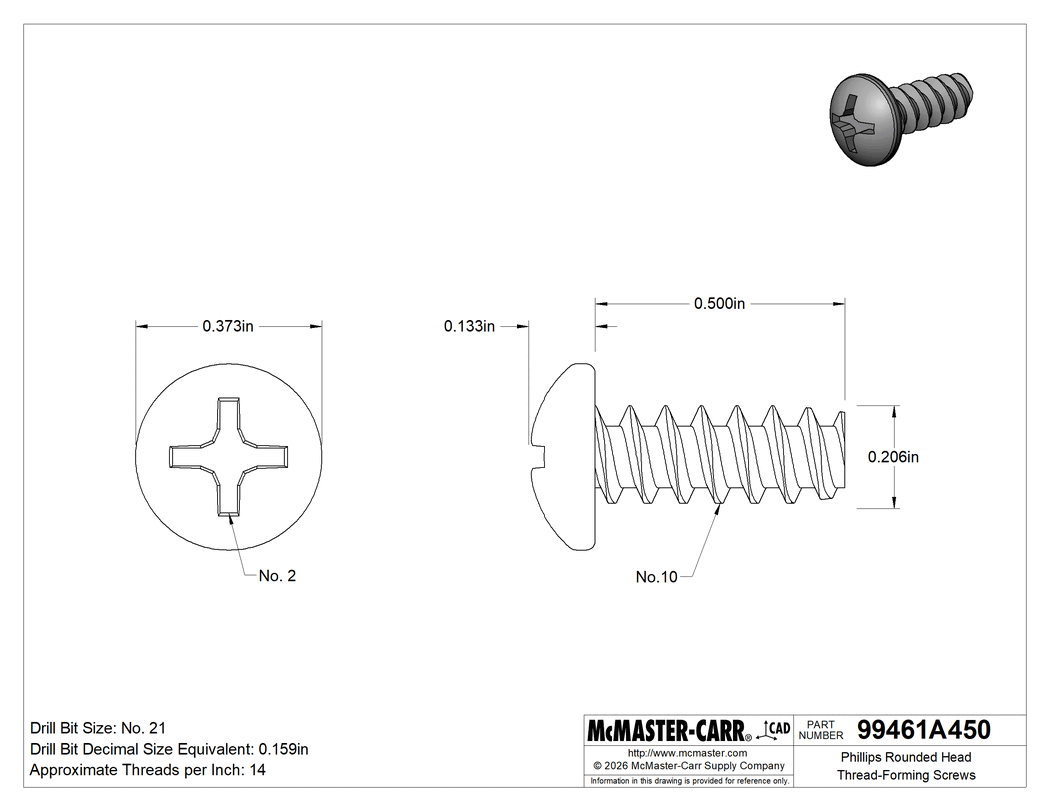Technical Drawing of Phillips Rounded Head Thread-Forming Screws, for Plastic, 18-8 Stainless Steel, Number 10 Size, 1/2" Long.